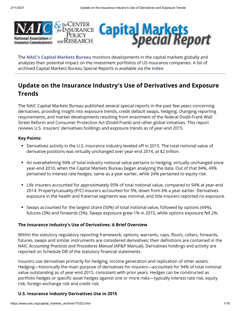 Update on the Insurance Industry's Use of Derivatives and Exposure Trends