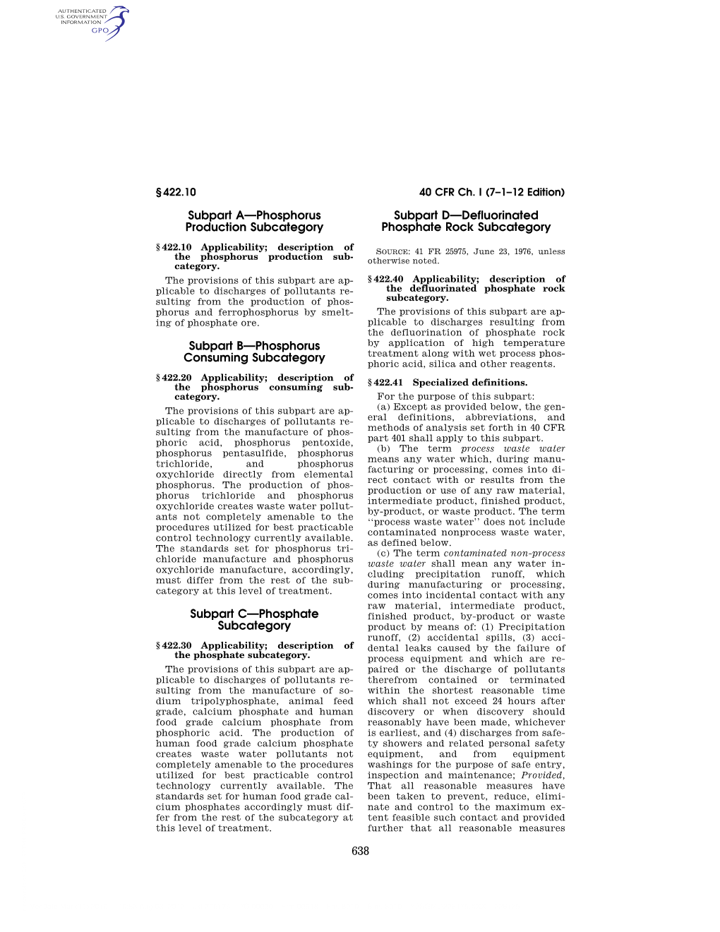 638 Subpart A—Phosphorus Production Subcategory Subpart B