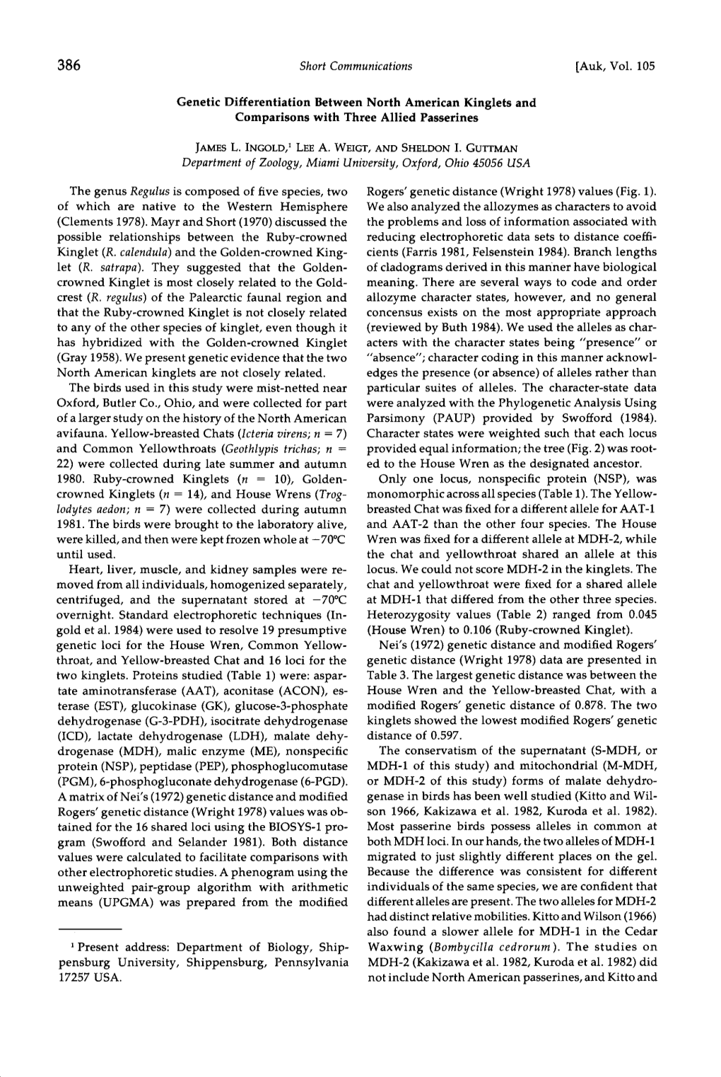 Genetic Differentiation Between North American Kinglets And