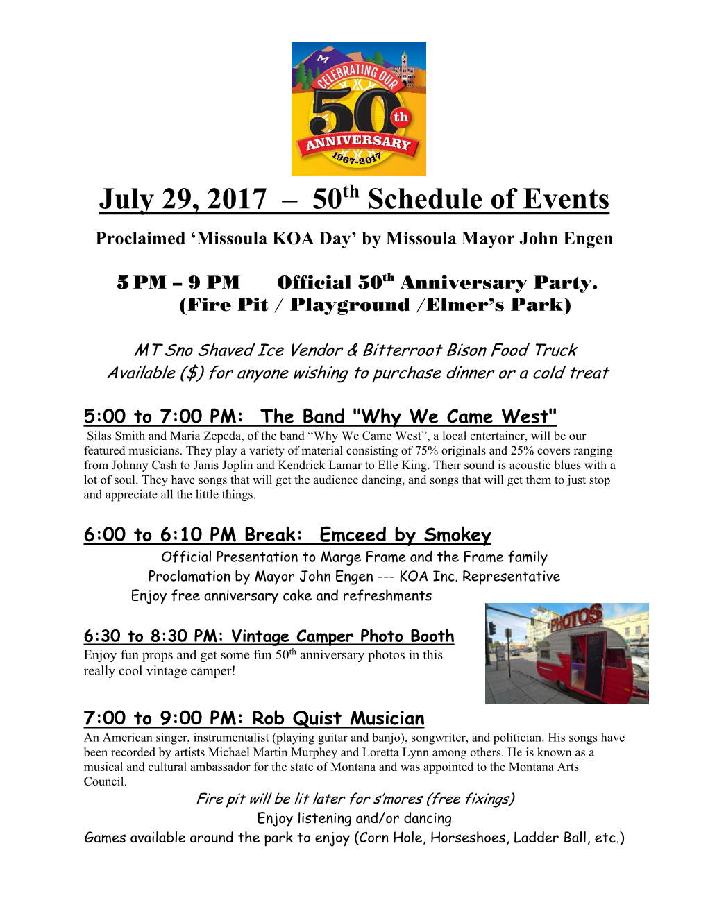 July 29, 2017 – 50Th Schedule of Events