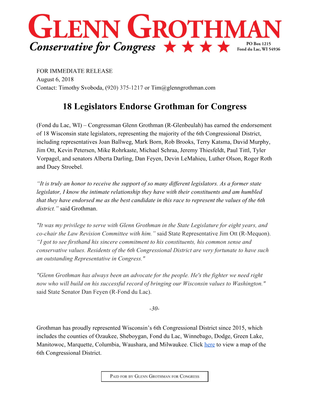 18 Legislators Endorse Grothman for Congress