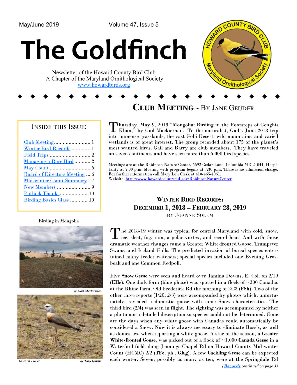 The Goldfinch Newsletter of the Howard County Bird Club a Chapter of the Maryland Ornithological Society