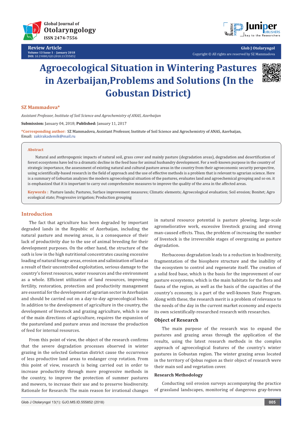 Agroecological Situation in Wintering Pastures in Azerbaijan,Problems and Solutions (In the Gobustan District)