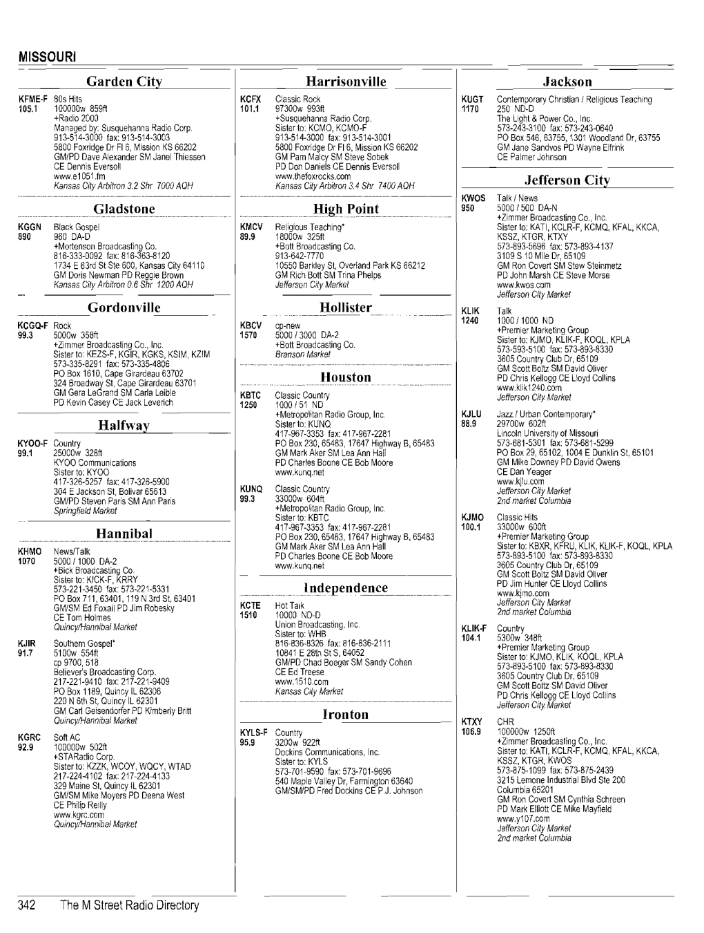 Garden City Gladstone Gordonville Halfway Hannibal Harrisonville