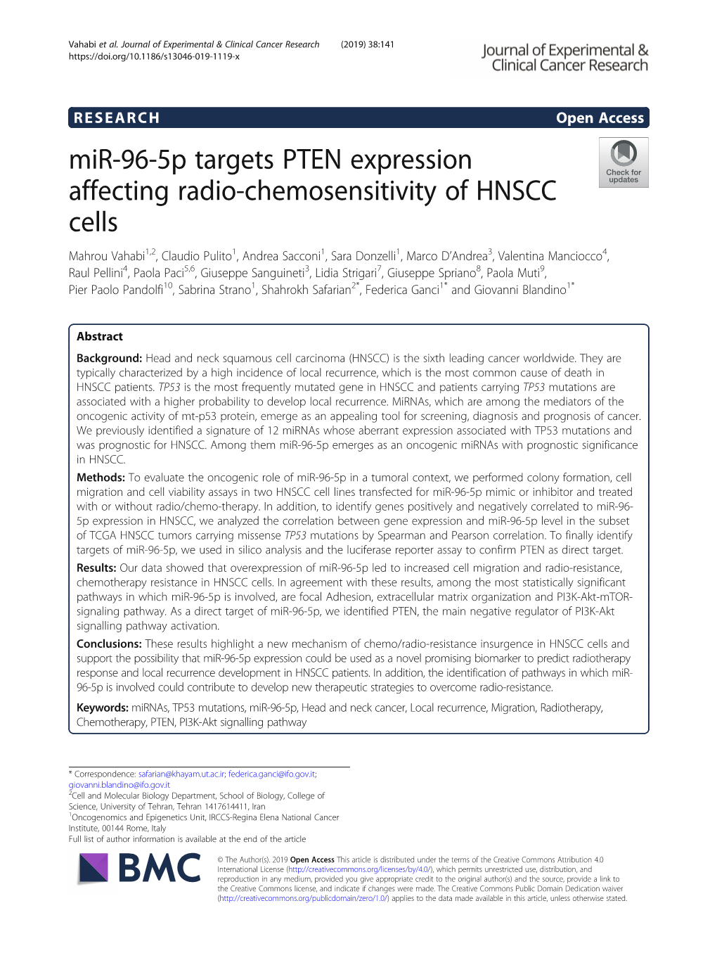 Mir-96-5P Targets PTEN Expression Affecting Radio-Chemosensitivity of HNSCC Cells
