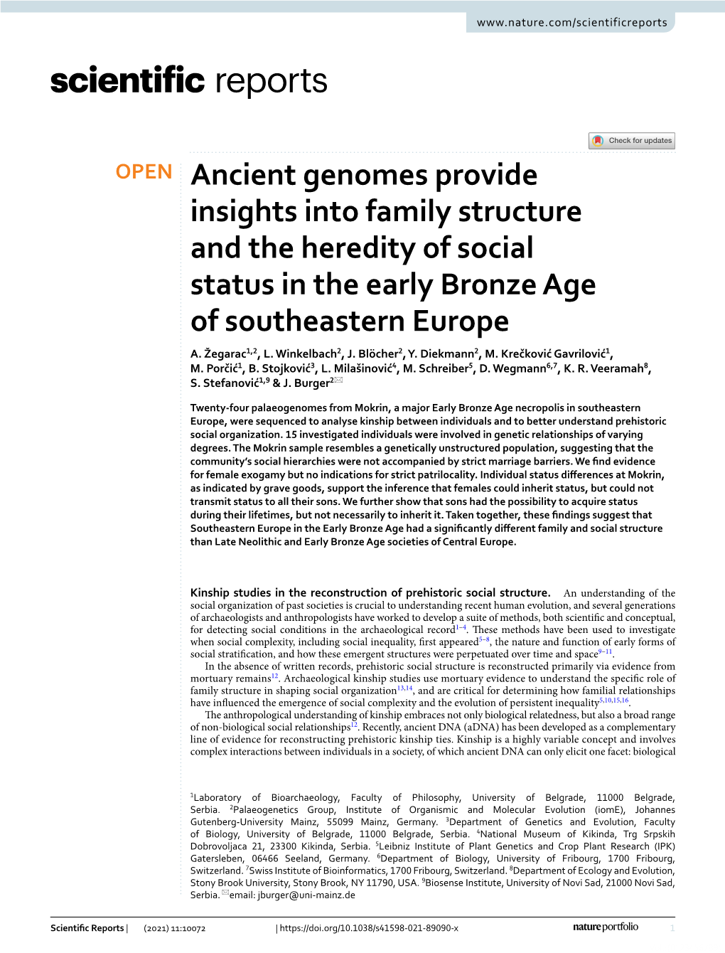 Ancient Genomes Provide Insights Into Family Structure and the Heredity of Social Status in the Early Bronze Age of Southeastern Europe A