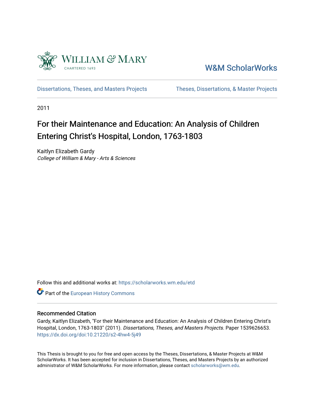 An Analysis of Children Entering Christ's Hospital, London, 1763-1803