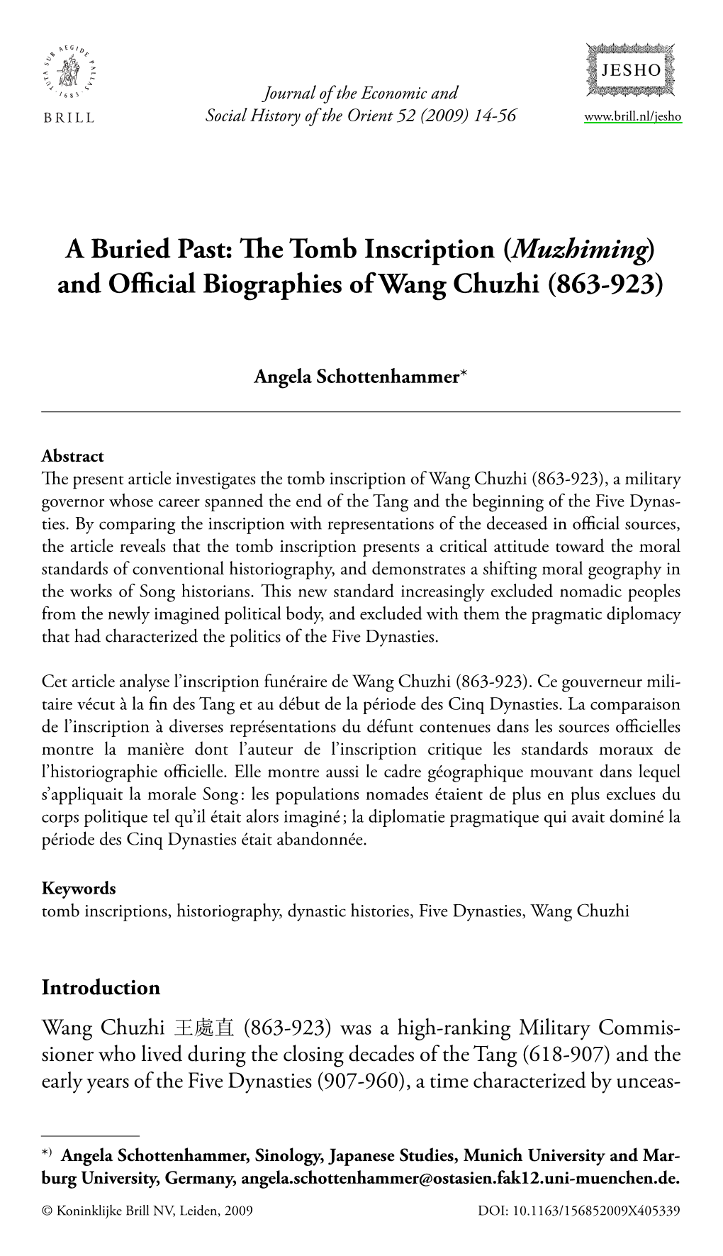 Te Tomb Inscription ( Muzhiming) and Offi Cial Biographies of Wang Chuzhi