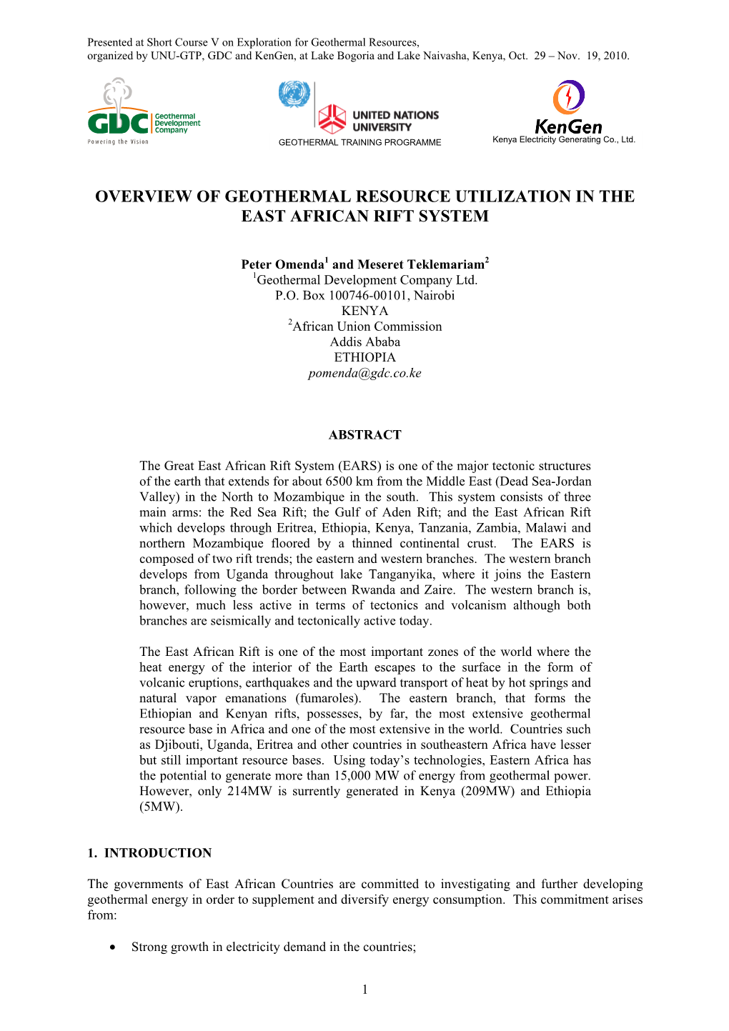 Overview of Geothermal Resource Utilization in the East African Rift System