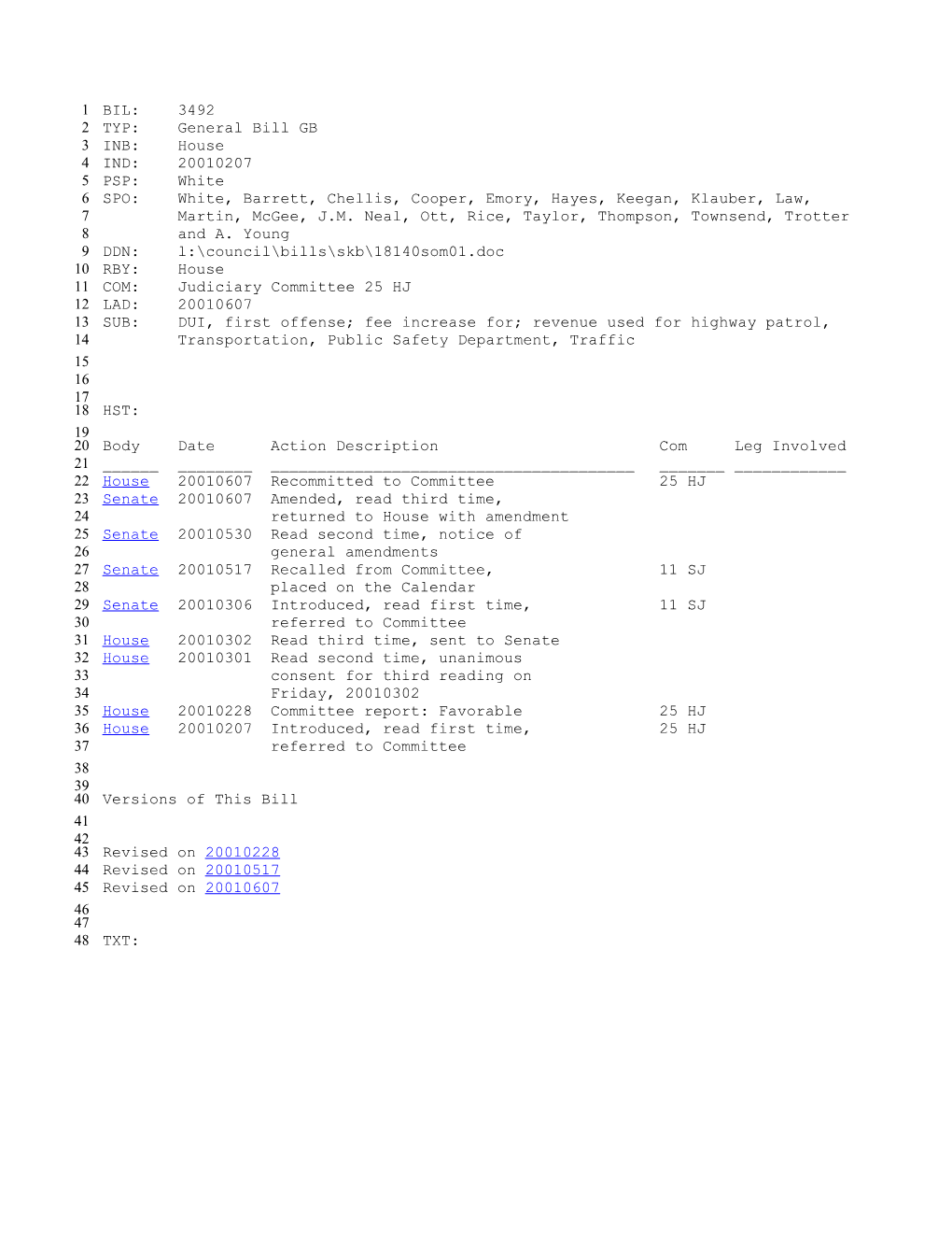 2001-2002 Bill 3492: DUI, First Offense; Fee Increase For; Revenue Used for Highway Patrol