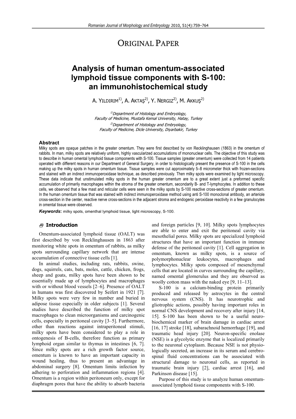 Analysis of Human Omentum-Associated Lymphoid Tissue Components with S-100: an Immunohistochemical Study