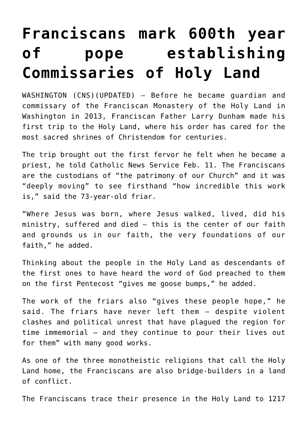 Franciscans Mark 600Th Year of Pope Establishing Commissaries of Holy Land