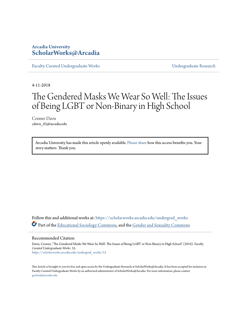 The Gendered Masks We Wear So Well: the Issues of Being LGBT Or Non-Binary in High