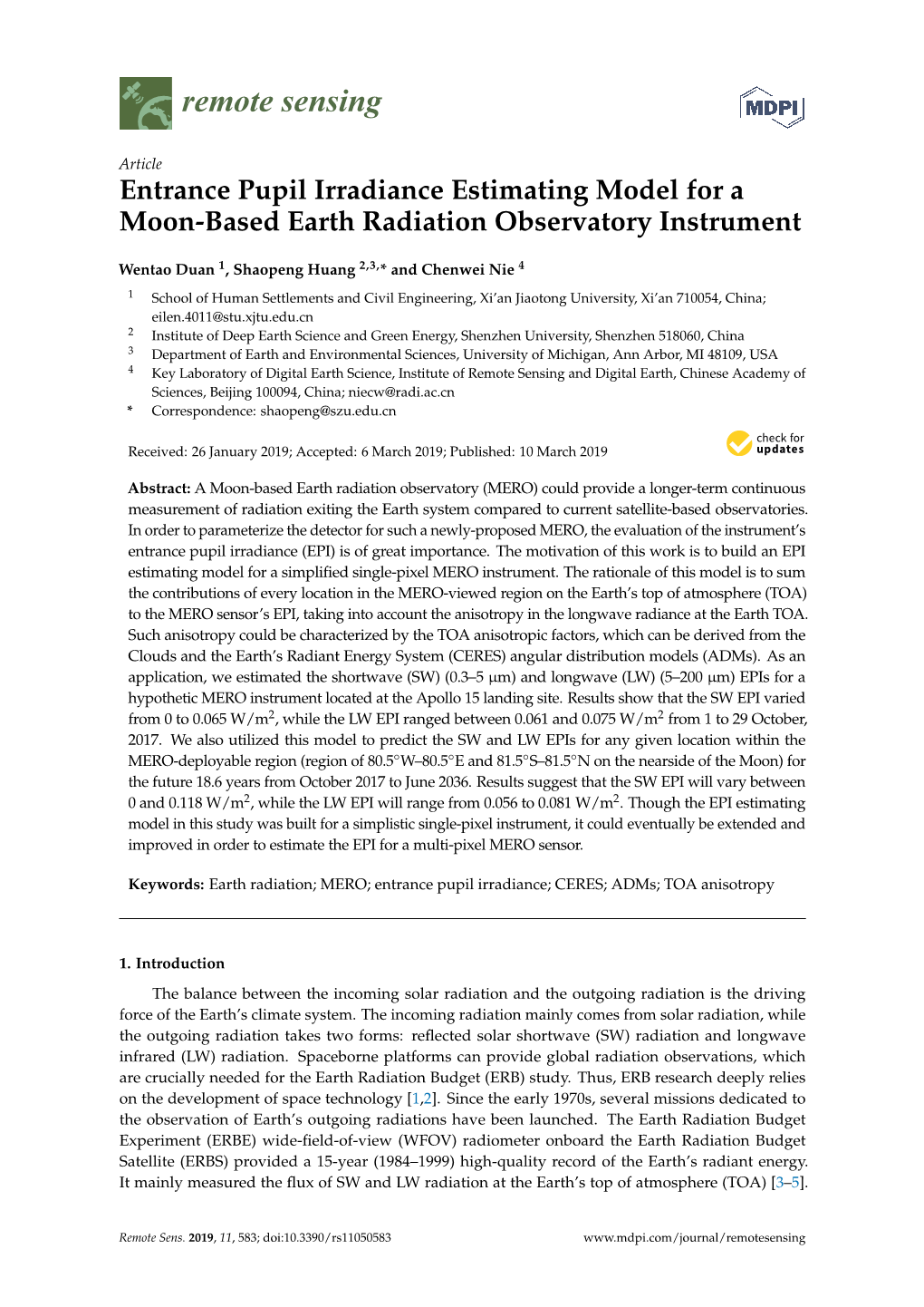 Entrance Pupil Irradiance Estimating Model for a Moon-Based Earth Radiation Observatory Instrument