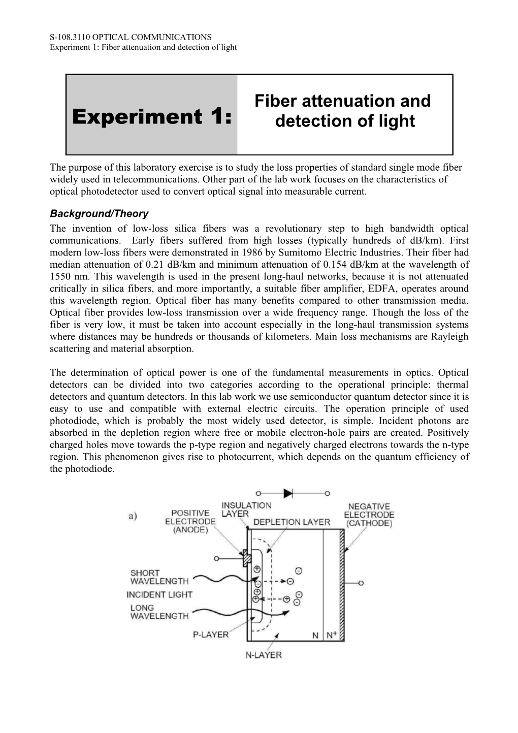 Experiment 1: Fiber Attenuation and Detection of Light