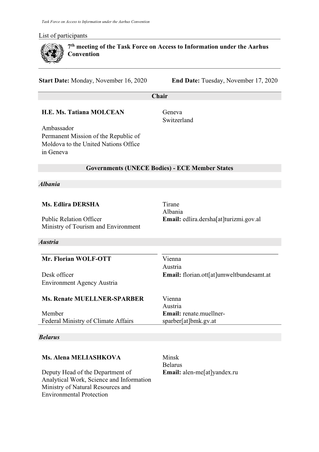 List of Participants 7Th Meeting of the Task Force on Access to Information Under the Aarhus Convention