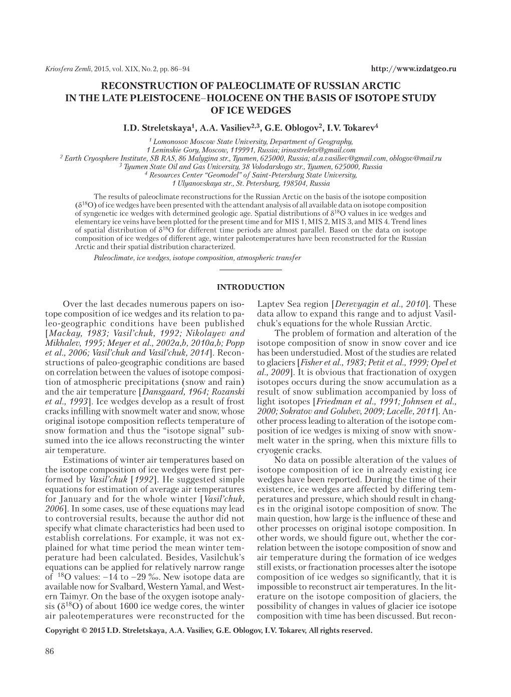 Reconstruction of Paleoclimate of Russian Arctic in the Late Pleistocene–Holocene on the Basis of Isotope Study of Ice Wedges I.D