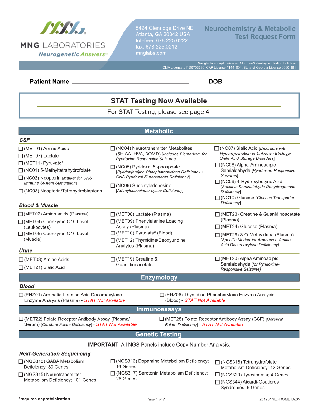 Neurochemistry & Metabolic Test Request Form