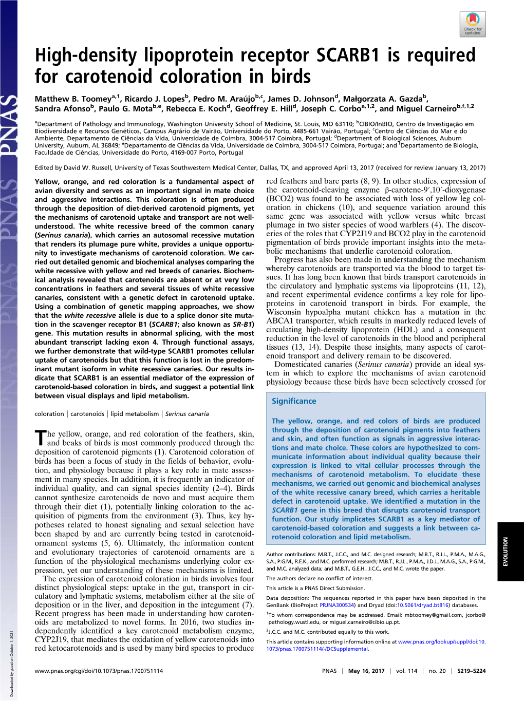 High-Density Lipoprotein Receptor SCARB1 Is Required for Carotenoid Coloration in Birds