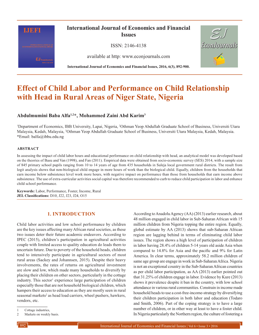 Effect of Child Labor and Performance on Child Relationship with Head in Rural Areas of Niger State, Nigeria