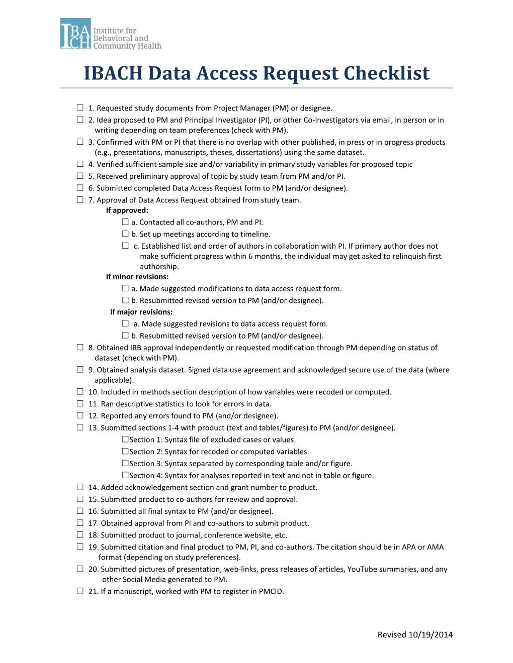 IBACH Data Access Request Checklist