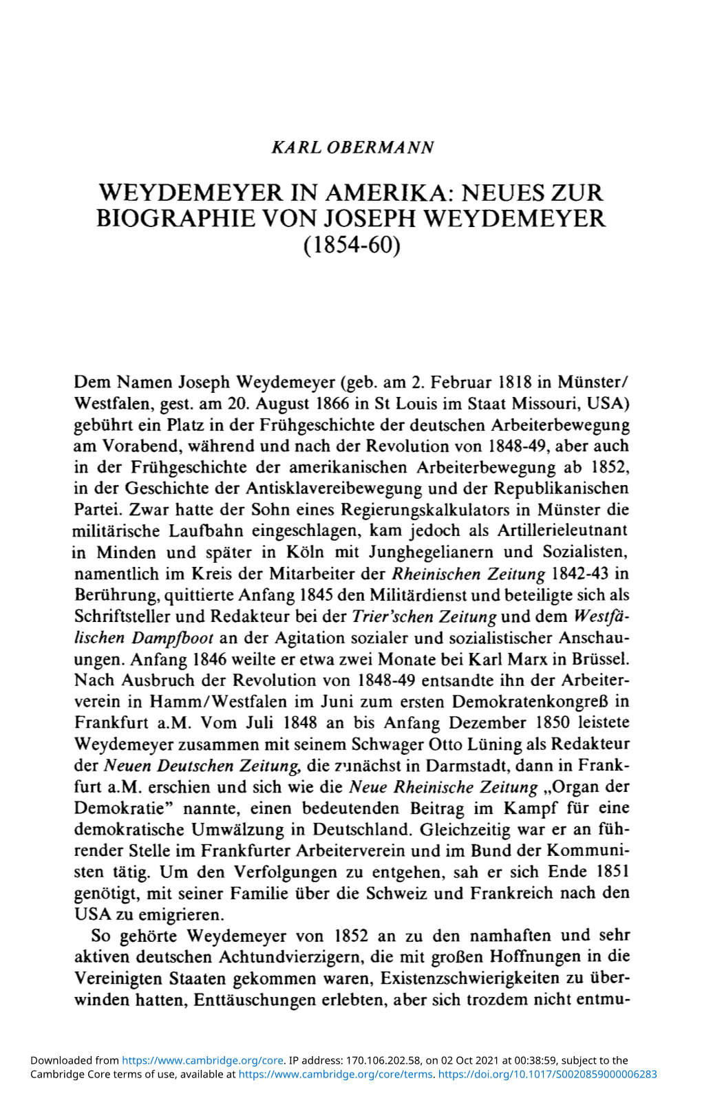 Neues Zur Biographie Von Joseph Weydemeyer (1854-60)