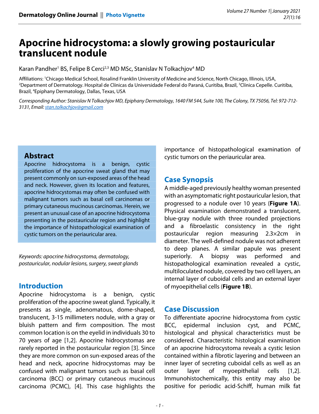 Apocrine Hidrocystoma: a Slowly Growing Postauricular Translucent Nodule