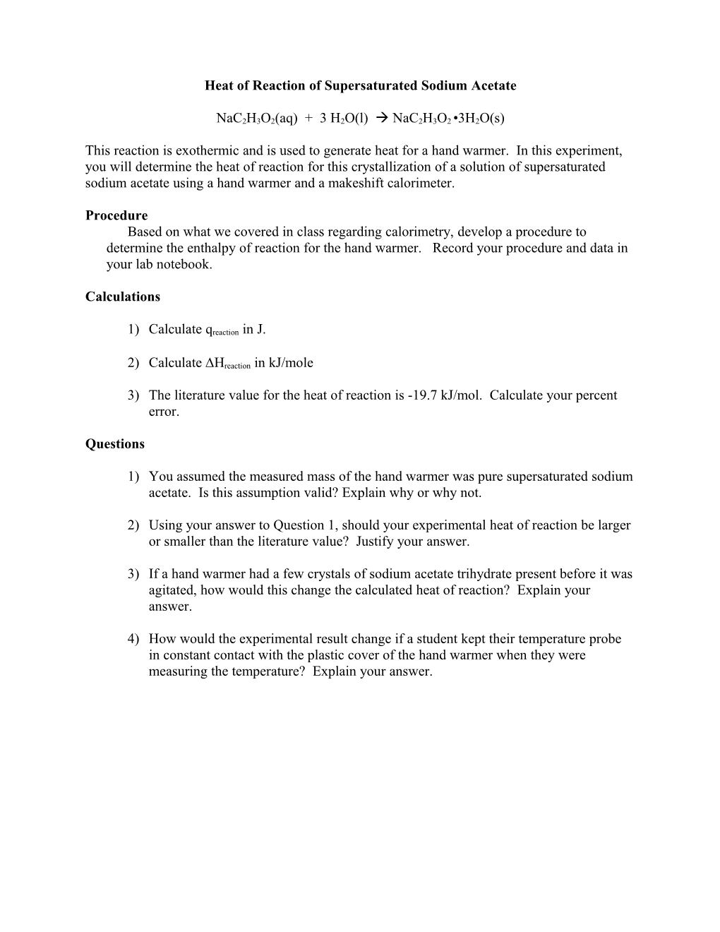 Heat of Reaction of Supersaturated Sodium Acetate