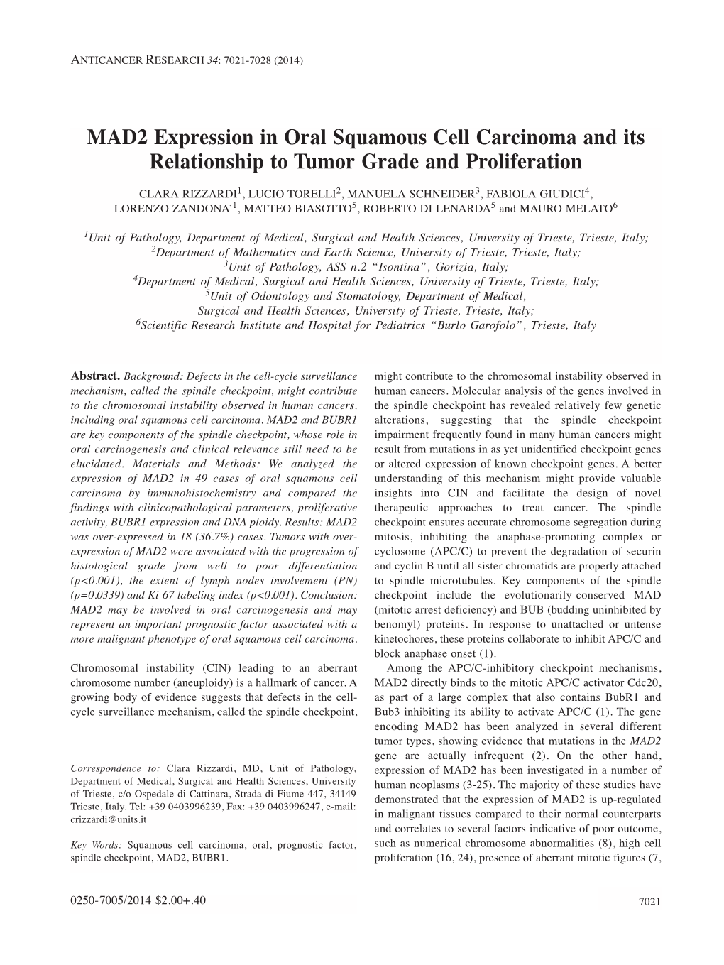 MAD2 Expression in Oral Squamous Cell Carcinoma and Its Relationship to Tumor Grade and Proliferation