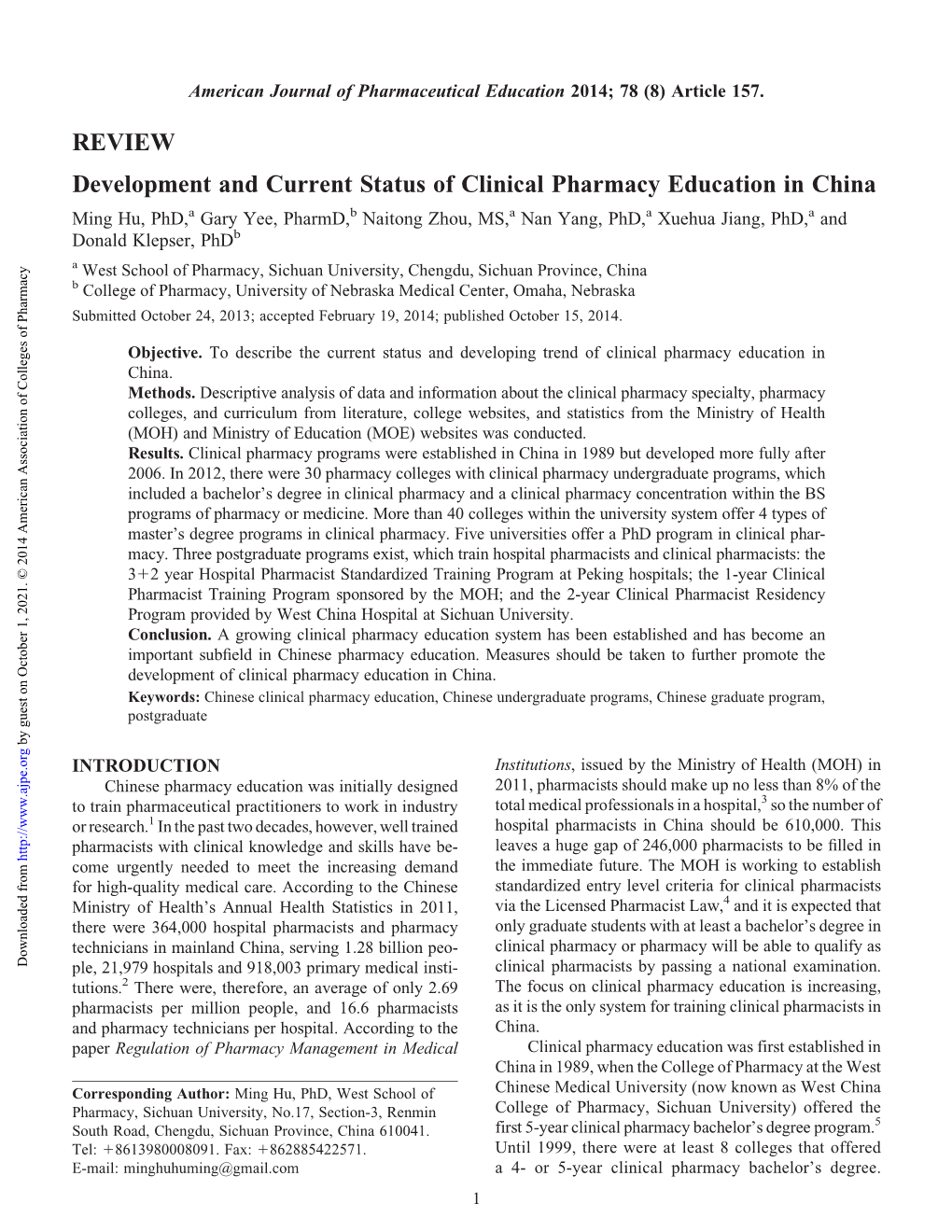 Development and Current Status of Clinical Pharmacy Education in China