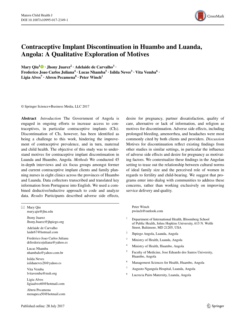 Contraceptive Implant Discontinuation in Huambo and Luanda, Angola: a Qualitative Exploration of Motives