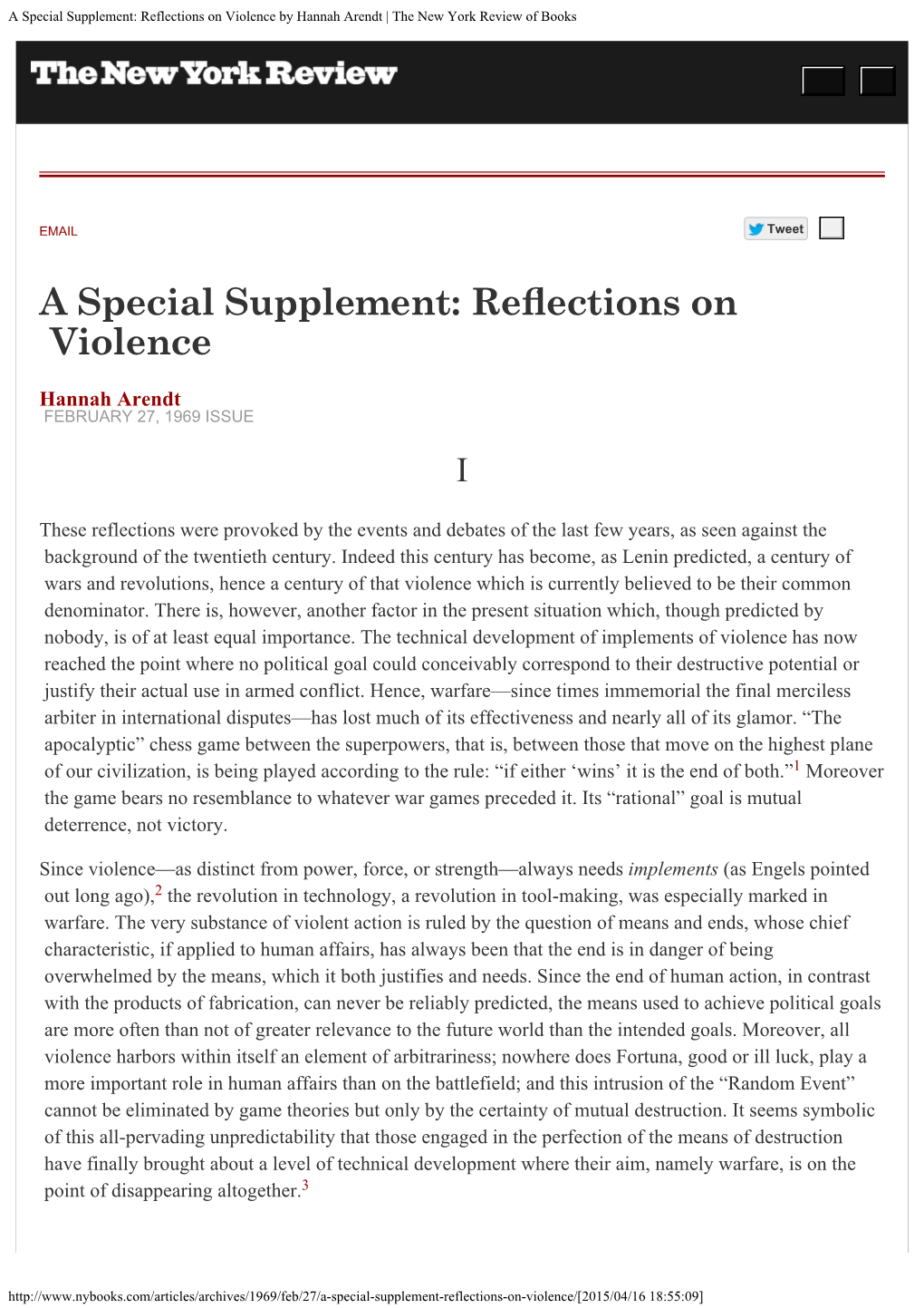 A Special Supplement: Reflections on Violence by Hannah Arendt | the New York Review of Books