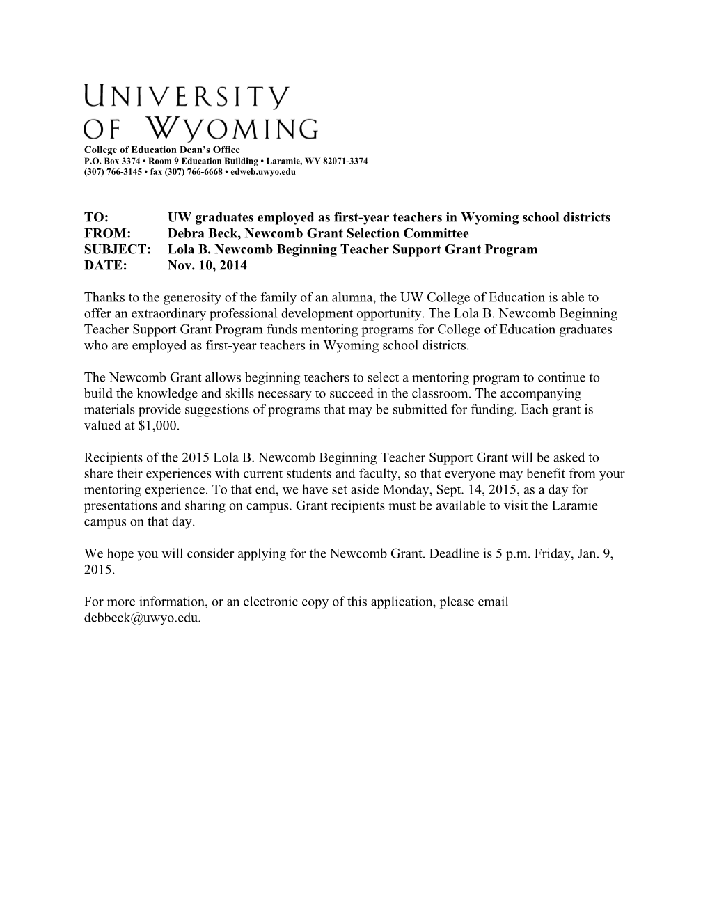TO: UW Graduates Employed As First-Year Teachers in Wyoming School Districts