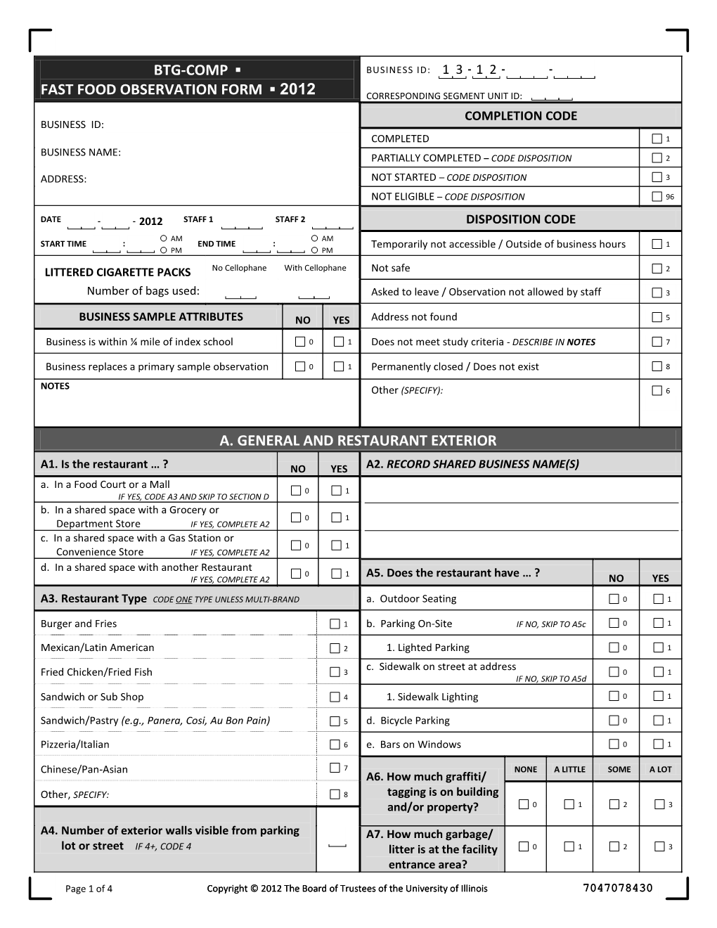 Fast Food Observation Form ▪ 2012 Corresponding Segment Unit Id