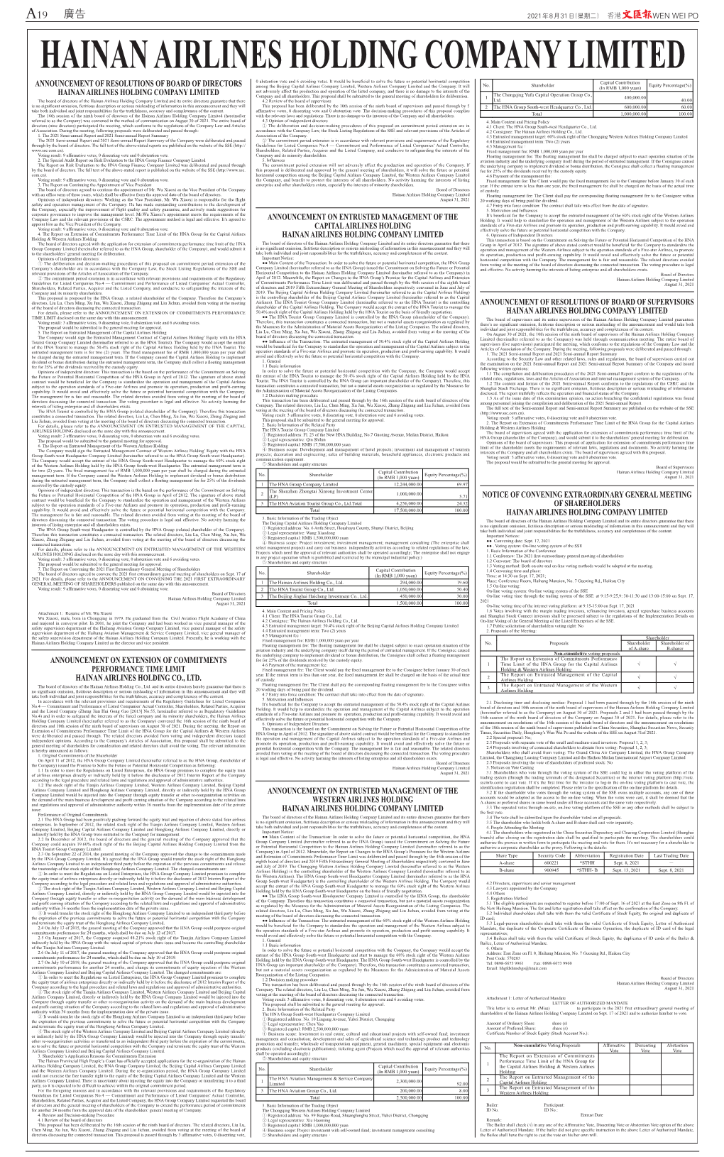 HAINAN AIRLINES HOLDING COMPANY LIMITED the Chongqing Yufu Capital Operation Group Co., Company and All Shareholders