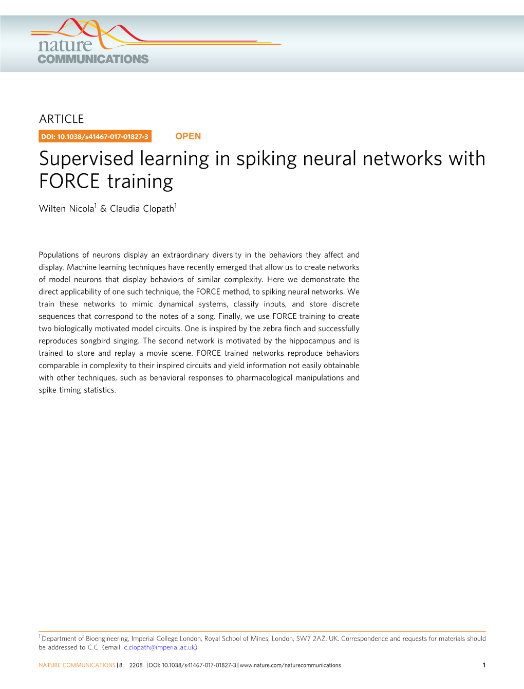 Supervised Learning in Spiking Neural Networks with FORCE Training