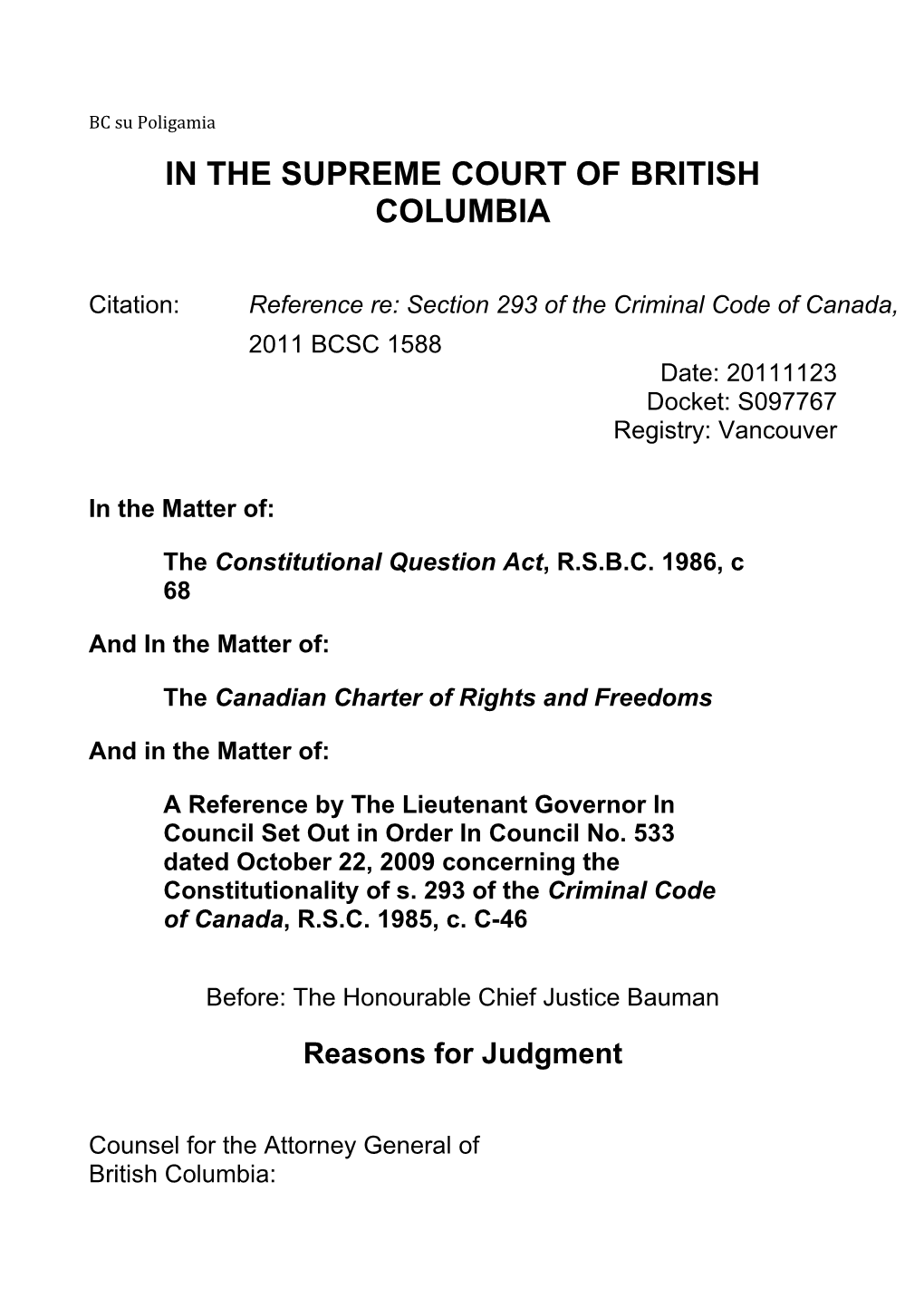 In the Supreme Court of British Columbia