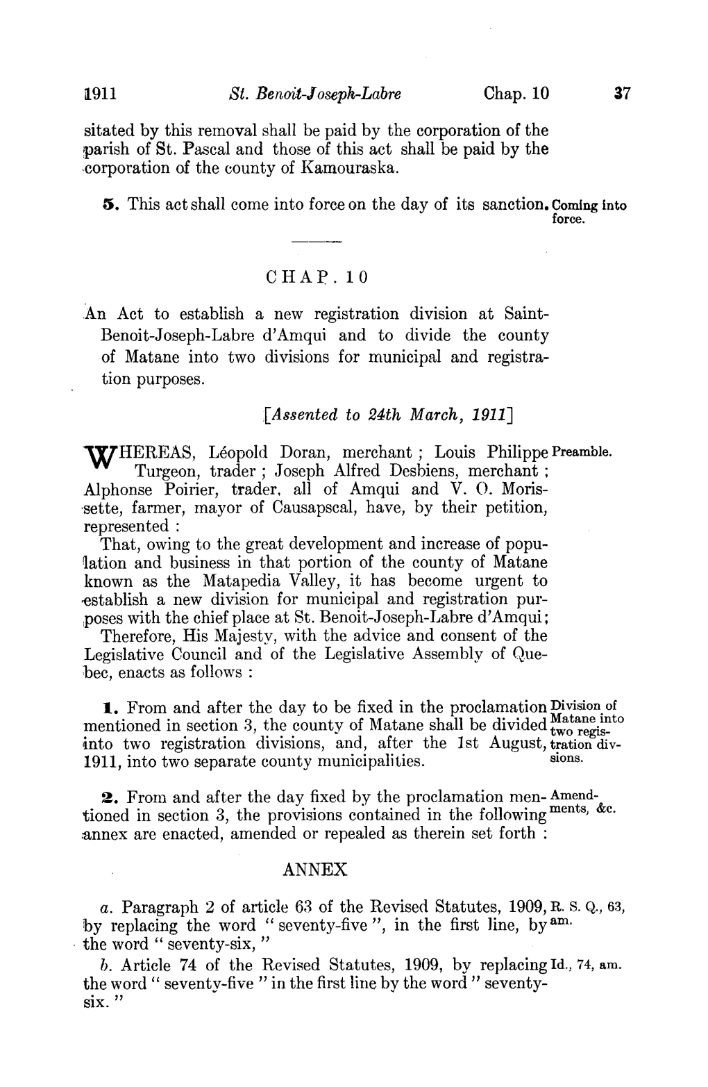 1911 St. Benoit-Joseph-Labre Chap. 10 37 Sitated by This Removal Shall Be Paid by the Corporation of the Parish of St