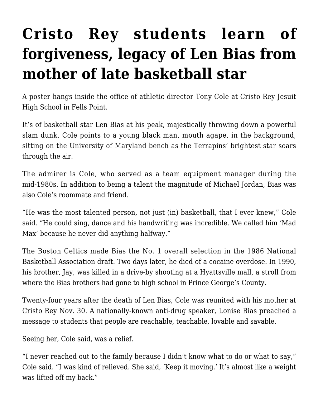 Cristo Rey Students Learn of Forgiveness, Legacy of Len Bias from Mother of Late Basketball Star