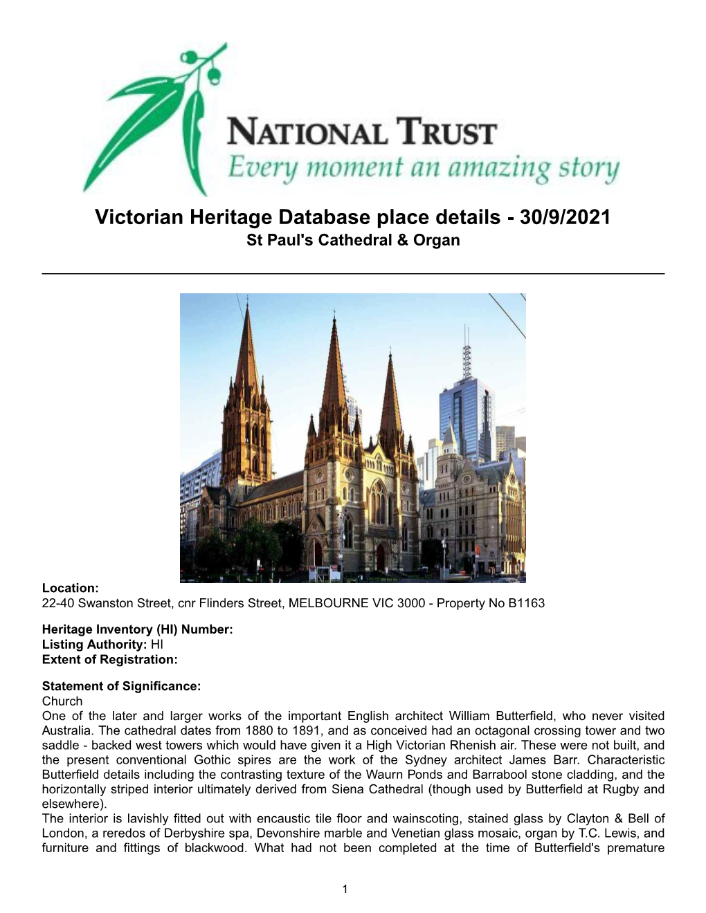 Victorian Heritage Database Place Details - 30/9/2021 St Paul's Cathedral & Organ