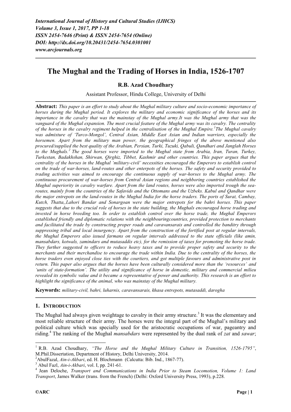 The Mughal and the Trading of Horses in India, 1526-1707
