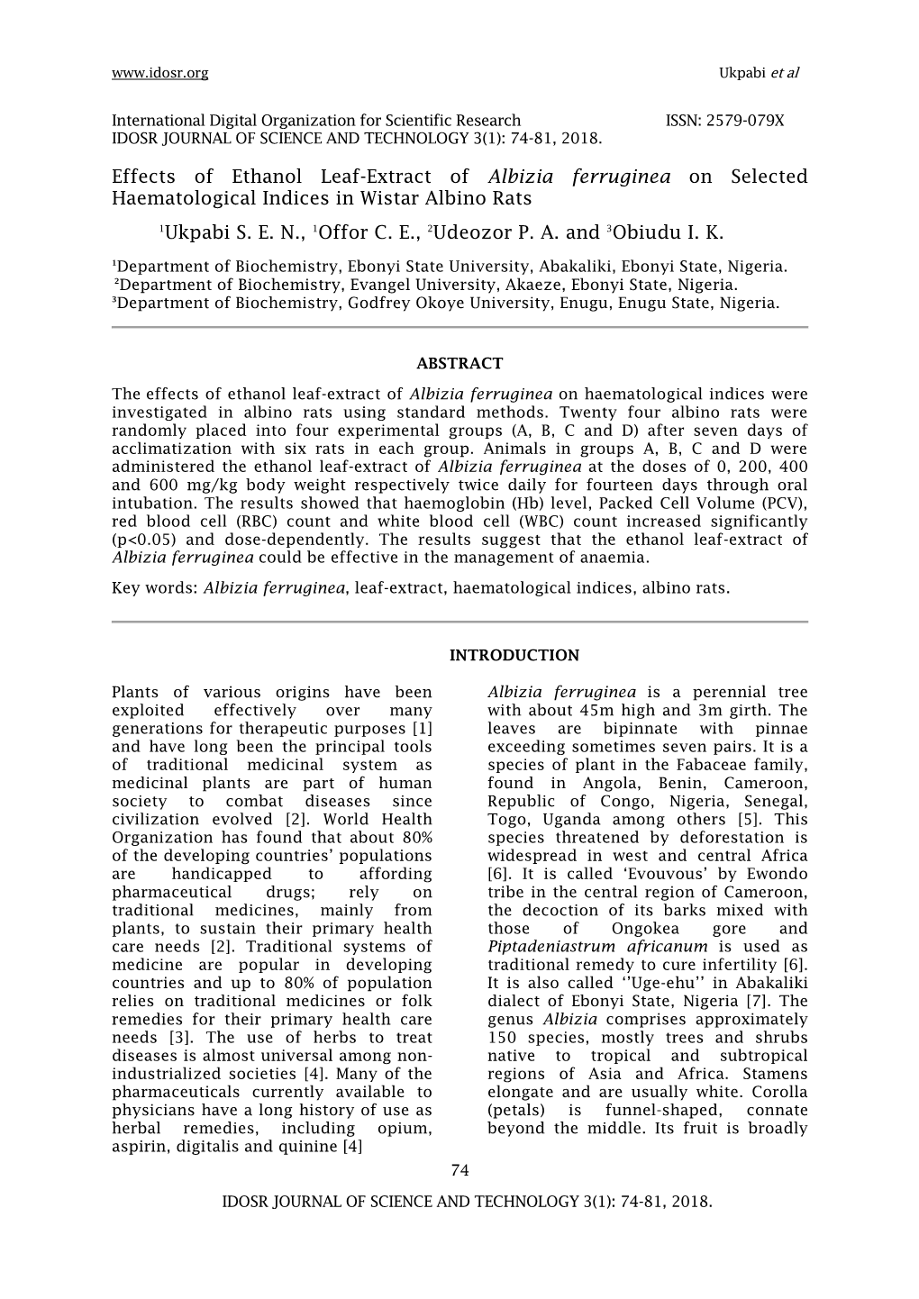 Effects of Ethanol Leaf-Extract of Albizia Ferruginea on Selected Haematological Indices in Wistar Albino Rats 1Ukpabi S