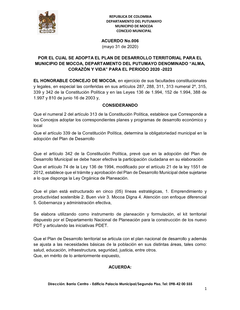 Por El Cual Se Adopta El Plan De Desarrollo Territorial