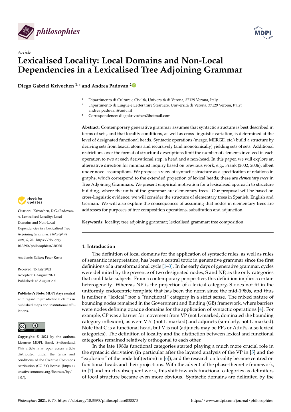 Local Domains and Non-Local Dependencies in a Lexicalised Tree Adjoining Grammar