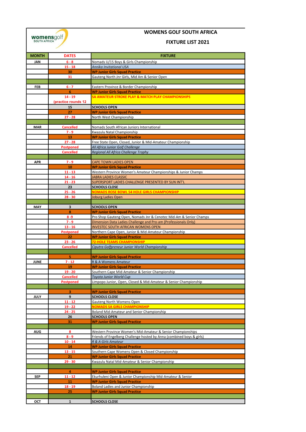 Fixture List 2021 Womens Golf South Africa