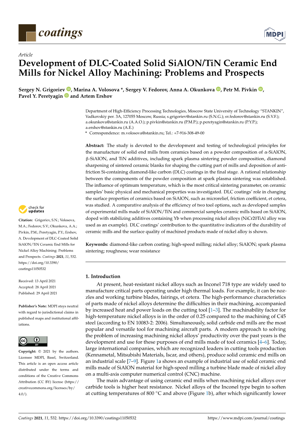 Development of DLC-Coated Solid Sialon/Tin Ceramic End Mills for Nickel Alloy Machining: Problems and Prospects