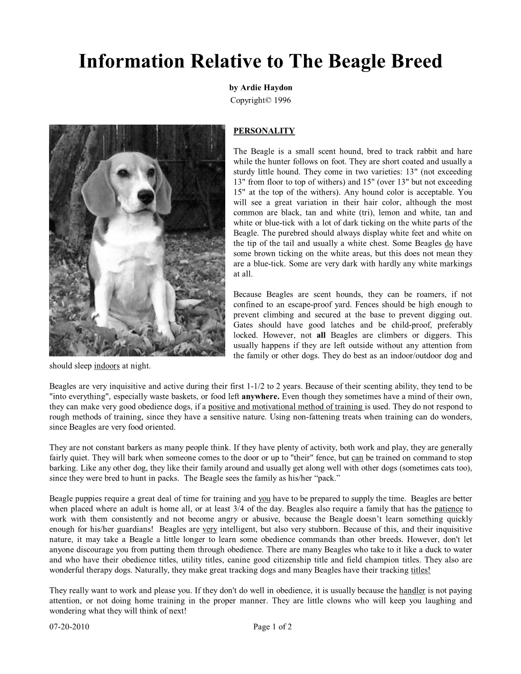 Info Relative to the Beagle Breed