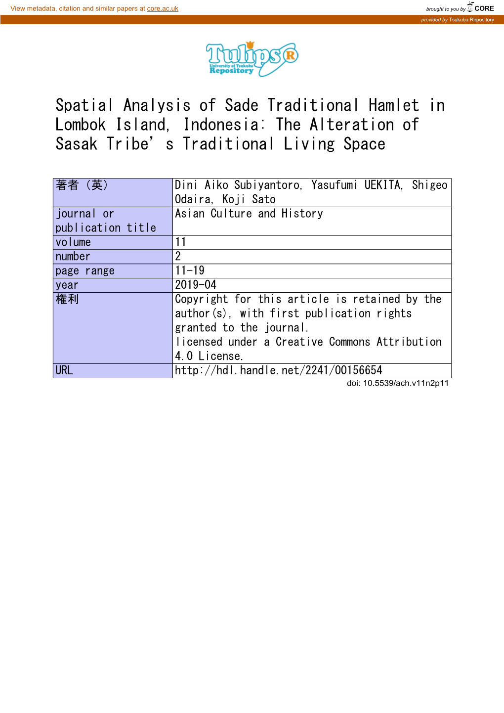 Spatial Analysis of Sade Traditional Hamlet in Lombok Island, Indonesia: the Alteration of Sasak Tribe’S Traditional Living Space