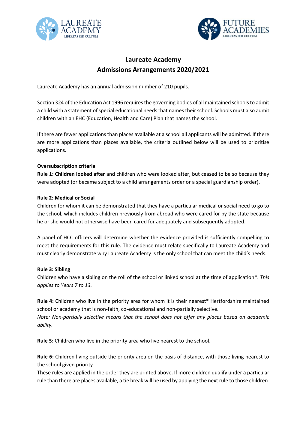 Laureate Academy Admissions Arrangements 2020/2021