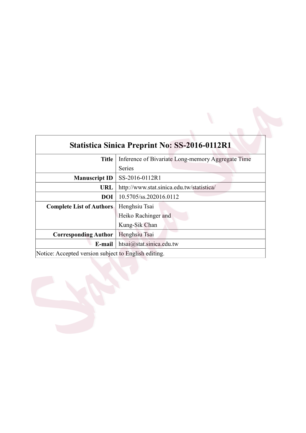 Statistica Sinica Preprint No: SS-2016-0112R1